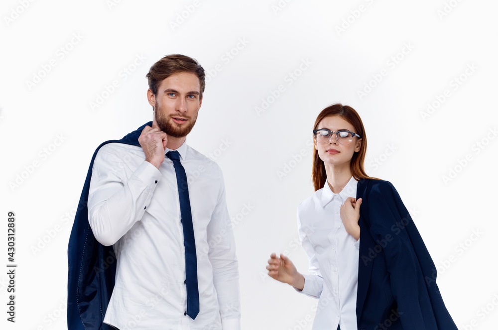 work colleagues man and woman in suits finance