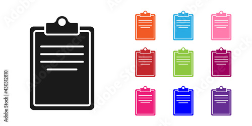 Black Clipboard with checklist icon isolated on white background. Control list symbol. Survey poll or questionnaire feedback form. Set icons colorful. Vector
