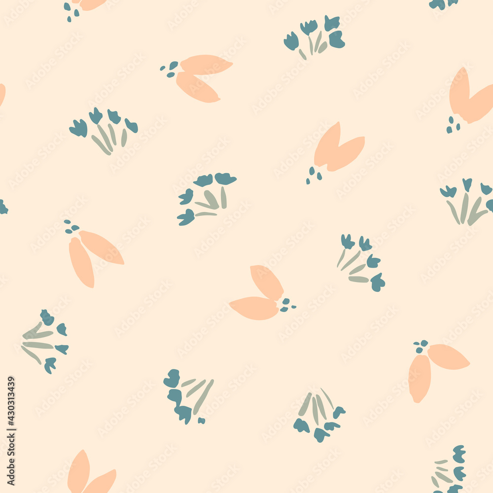 Cute garden of flowers with a flower like an abstract insect in pastel pinks, green and teal. Simple floral seamless vector pattern. Great for home décor, fabric, wallpaper, gift wrap, stationery, etc