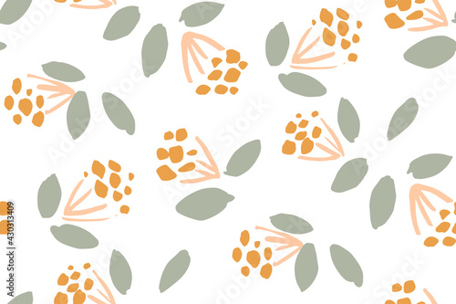 Pretty yellow flowers with green leaves drifting in the air on white seamless vector pattern. Simple floral seamless vector pattern. Great for home décor, fabric, wallpaper, gift wrap, stationery, etc