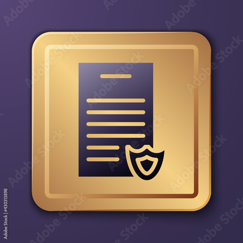 Purple Firearms license certificate icon isolated on purple background. Weapon permit. Gold square button. Vector