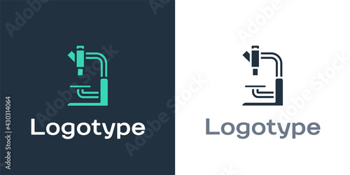 Logotype Microscope icon isolated on white background. Chemistry, pharmaceutical instrument, microbiology magnifying tool. Logo design template element. Vector
