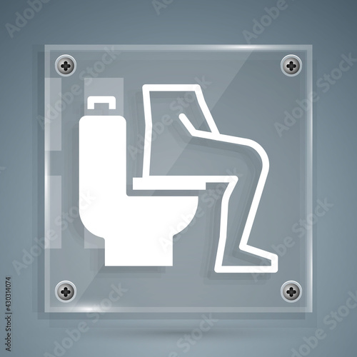 White Men sitting on the toilet and Constipation are experiencing severe abdominal pain icon isolated on grey background. Square glass panels. Vector