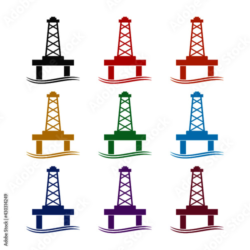 Oil and gas derrick sea icon isolated on white background color set