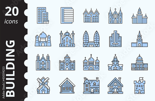 Buildings and attractions icons set. Architecture concept. Vector linear symbol collection in color.