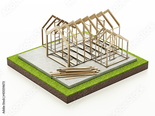 Wooden house structure on concrete base. 3D illustration
