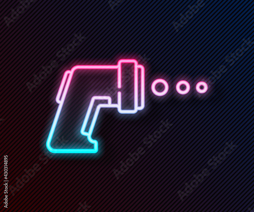 Glowing neon line Digital contactless thermometer with infrared light icon isolated on black background. Vector