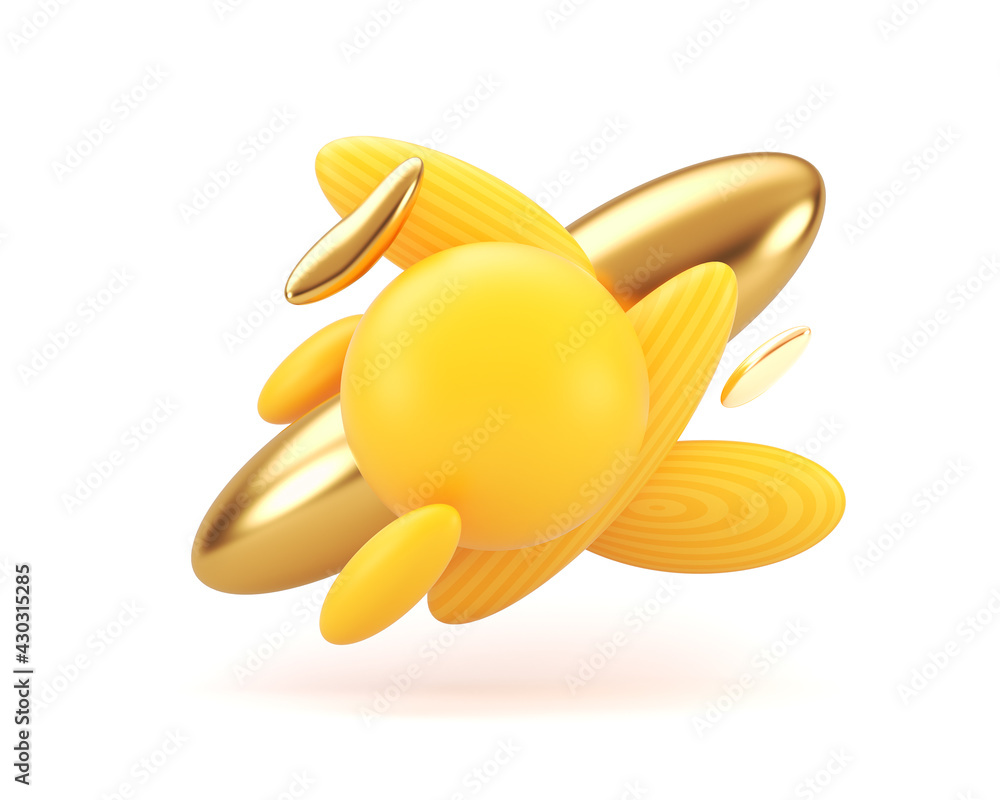 Trendy banner or poster design. Soft plastic and gold bodies around a yellow sphere on a white background. 3d render illustration. Trendy banner or poster design. Soft plastic and gold bodies around a yellow sphere on a white background. 3d render illustration.