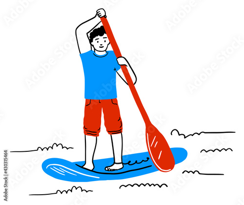 Stand up paddle surfing, boarding. Single male surfer with paddle. Surfrider on board. Paddleboarding, SUP fitness.  Abstract isolated contour of surfboarder. Hand drawn outlines. doodle