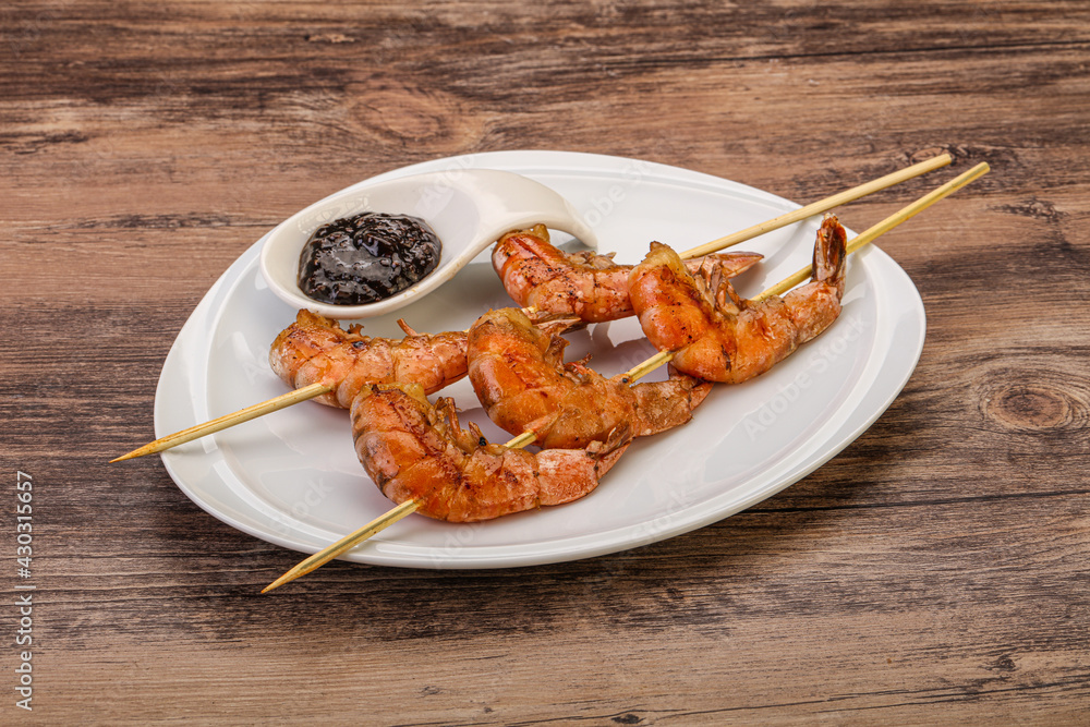 Grilled prawn skewer with pepper sauce Grilled prawn skewer with pepper sauce