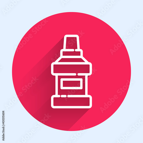 White line Mouthwash plastic bottle icon isolated with long shadow. Liquid for rinsing mouth. Oralcare equipment. Red circle button. Vector