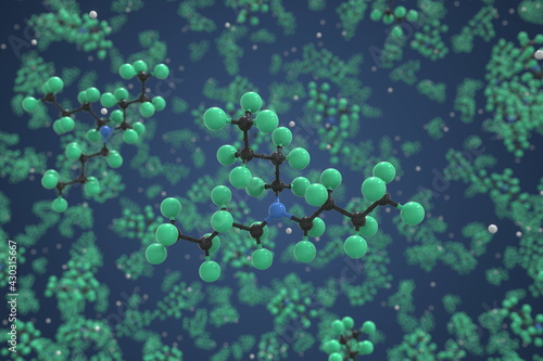 Perfluorotributylamine molecule made with balls, scientific molecular model. Chemical 3d rendering