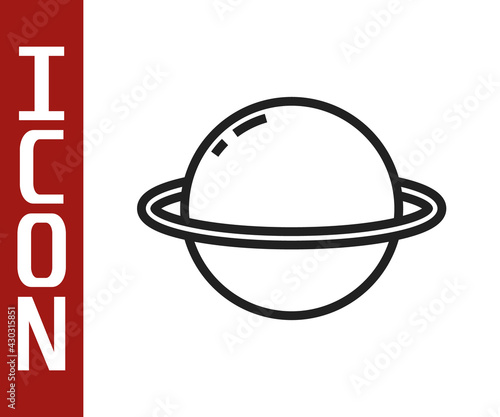 Black line Planet Saturn with planetary ring system icon isolated on white background. Vector