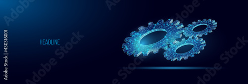 Wireframe low poly composition of cogwheel. Abstract vector  gear. Modern 3d vector illustration on dark blue background. Concept for mechanical technology, engineering, development, business.