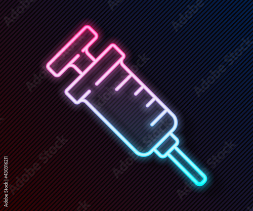 Glowing neon line GMO syringe icon isolated on black background. Genetically modified organism acronym. Dna food modification. Vector