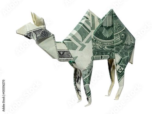 Money Origami CAMEL Folded with Real One Dollar Bill Isolated on White Background