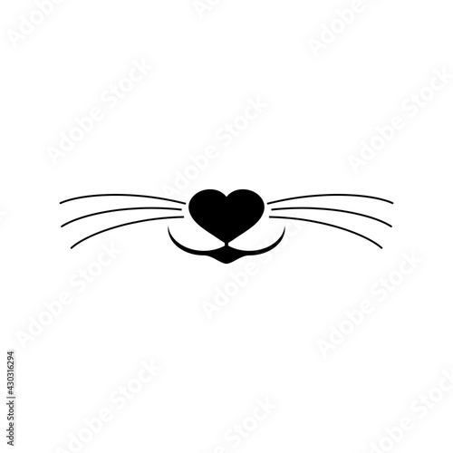 Cat nose and whiskers vector clipart and drawing. Isolated silhouette with heart on white background. 