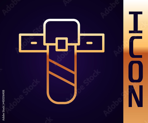 Gold line Knife holster icon isolated on black background. Vector