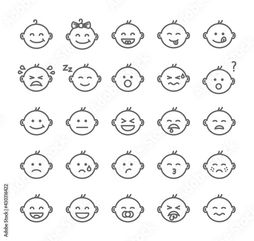 Baby face set - thin line style emotions, vector collection