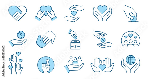 Charity line icon set. Collection of donate, philanthropist, hope and more. Editable stroke.