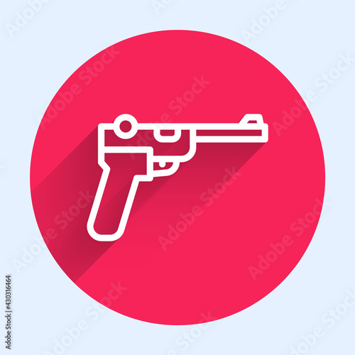 White line Mauser gun icon isolated with long shadow. Mauser C96 is a semi-automatic pistol. Red circle button. Vector