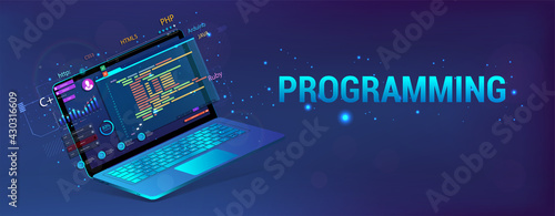 Banner Software Development. Programming, Web Site and App. Laptop with code and UI, UX interface. Development Software concept - coding, testing, usability, programming, design. Vector illustration