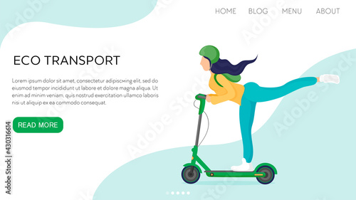 Vector flat illustration landing page or template woman rides with long hair and with raised leg, helmet on electronic scooter. Concept girl silhouette enjoys eco-friendly sport.
