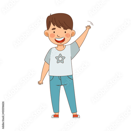 Emoji Boy Waving Hand as Friendly Greeting Vector Illustration