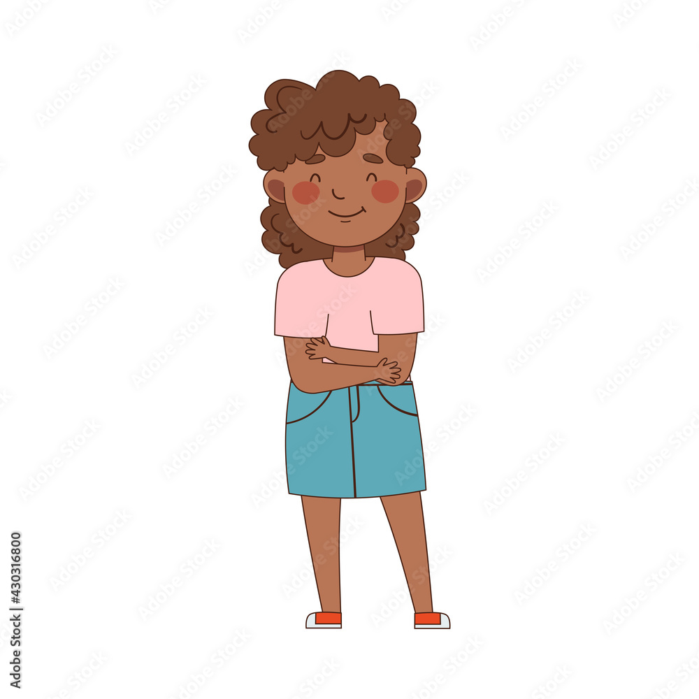African American Emoji Girl Folding Her Hands Showing Shyness Vector Illustration