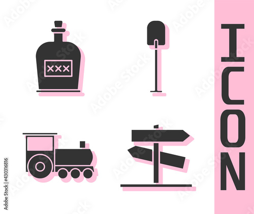 Set Road traffic signpost, Alcohol drink Rum bottle, Retro train and Shovel icon. Vector