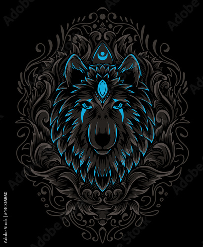 illustration vector wolf head with vintage engraving ornament