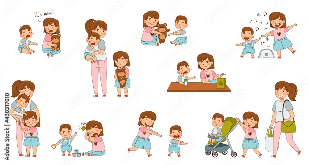 Family Relations with Siblings Playing Toys and Warring with Each Other Vector Set Family Relations with Siblings Playing Toys and Warring with Each Other Vector Set