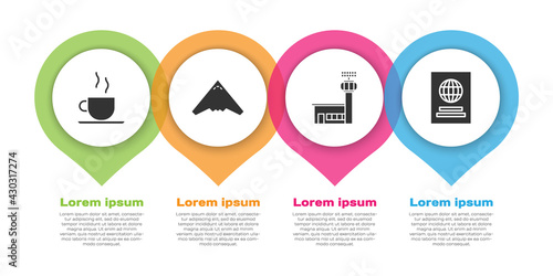 Set Coffee cup, Jet fighter, Airport control tower and Passport. Business infographic template. Vector