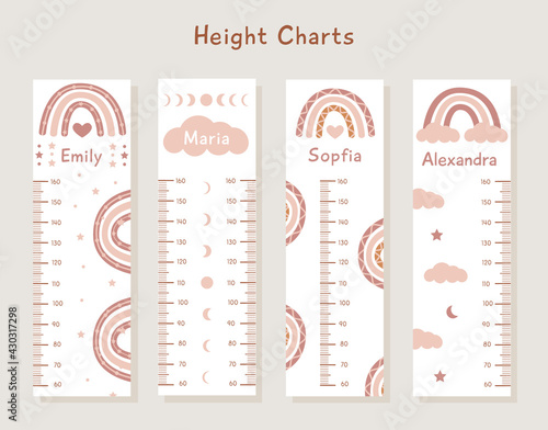 Vector Set of kids height charts with abstract boho rainbows and clouds in terracotta colors. Meter wall with trendy design. Children growth chart. Bohemian earthy celestial elements for nursery.