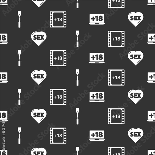 Set Laptop with 18 plus content, Heart with text Sex, Leather whip and Play Video with 18 plus content on seamless pattern. Vector