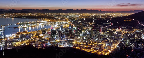 Aerial dawn panoramic of the city of Cape Town in South Africa.