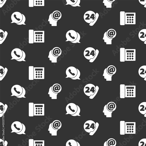Set Telephone 24 hours support, Telephone, Telephone with speech bubble chat and Mail and e-mail on seamless pattern. Vector