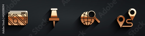 Set Infographic of city map navigation, Push pin, Magnifying glass with globe and Route location icon with long shadow. Vector