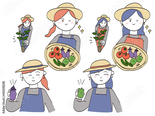 農家の若手おしゃれな女性）野菜の栽培と収穫・イラストセット