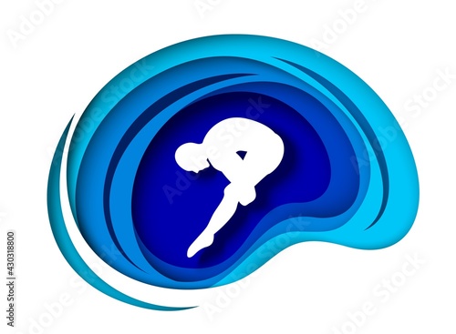 Springboard or platform diving. Paper cut diver athlete white silhouette, vector illustration. Water sports, competition