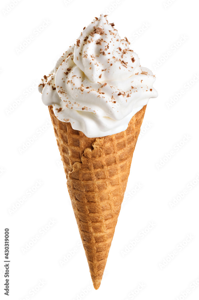 Ice cream with chocolate in cone isolated on white background. Ice cream with chocolate in cone isolated on white background.