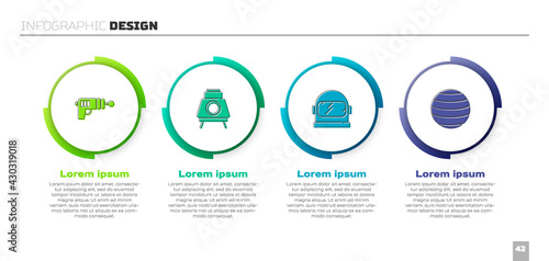 Set Ray gun, Mars rover, Astronaut helmet and Planet Venus. Business infographic template. Vector