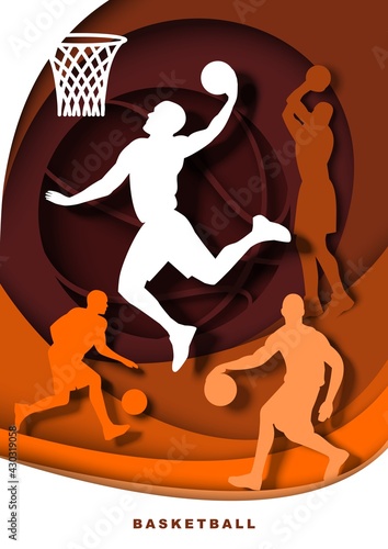 Basketball player with ball silhouettes, vector illustration in paper art style. Slam dunk shot, dribble, bounce, jump.