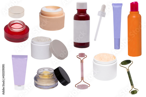 Collage of make up cosmetics and tools. Set of various open jars or bottles with cream for face, liquid make-up pillow, skin care products, serum for face, jade facial roller and other beauty accessor