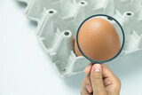 The concept of egg benefits,egg is placed on a paper box and are magnified by a magnifying glass.