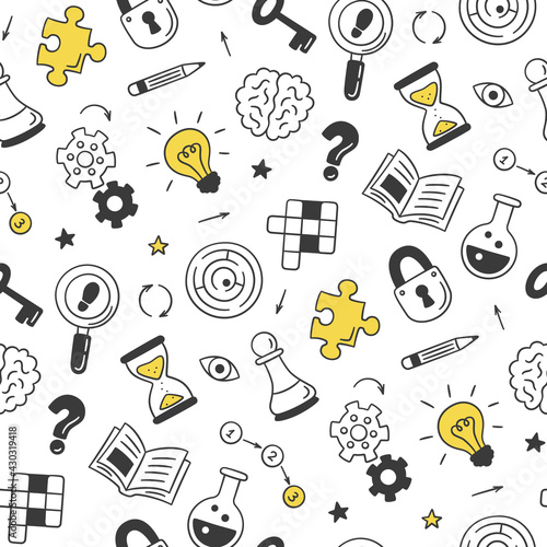Puzzle and riddles. Hand drawn seamless pattern with crossword puzzle, maze, brain, chess piece, light bulb, labyrinth, gear, lock and key. Vector illustration in doodle style on white background