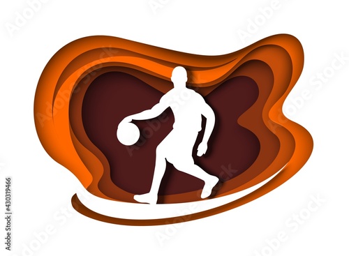 Basketball player with ball silhouette, vector illustration in paper art style. Professional athlete. Basketball dribble