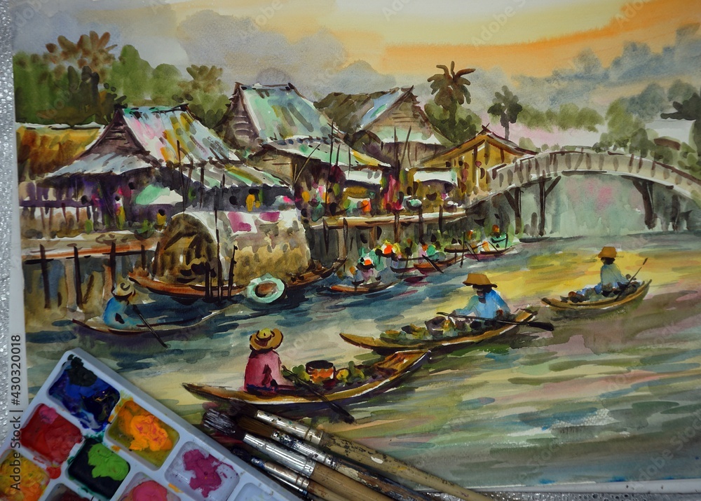 Watercolor painting art class ,    Floating market Thai land , Palette , paintbrush