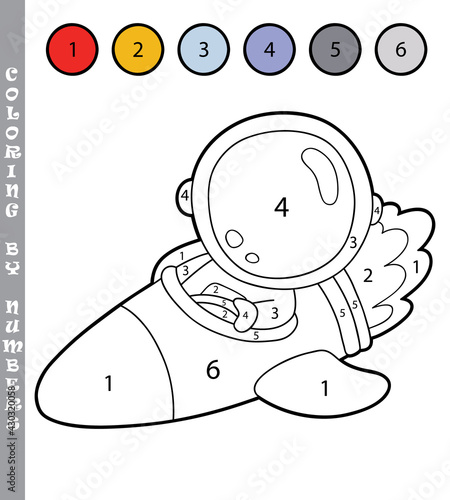 funny coloring by numbers coloring educational game. Vector illustration coloring by numbers educational game with cartoon astronaut for kids