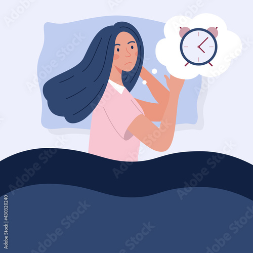 Insomnia concept. Young woman staying in bed at night with sleep trouble. Flat style vector illustration.